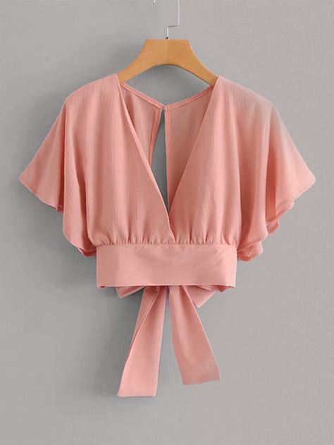 Tie Back Butterfly Sleeve Blouse | SHEIN Back Tie Blouse Saree, Woman Blouse Design, Butterfly Sleeves Blouse, Sew Blouse, Butterfly Tops, Minimal Stil, Butterfly Sleeve Top, Butterfly Sleeve Blouse, Tie Back Top