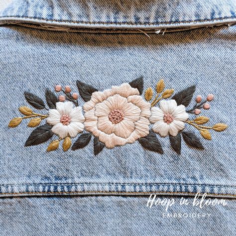 DIY peony denim jacket. #upcycledfashion #embroideryjacket #floralembroidery #diyembroidery Embroidery Jacket Denim, Embroidery On Jeans Jackets, Embroidered Denim Jacket Diy, Jean Jacket Embroidery Ideas, Denim Jacket Embroidery Ideas, Motif Sulam, Jean Jacket Embroidery, Diy Peony, Embroidery Denim Jacket