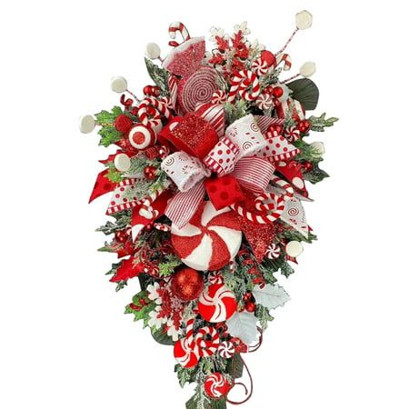 Festive and Fabulous Red Candy Cane Christmas Swag that is covered from top to bottom with peppermints galore for the perfect to your Holiday Front Door Decor! Don't forget, this will be a best gift for Christmas or just to brighten someone's day. This is a nice wreath that can be hung on your front door Because it's so pretty! I have hung them all on my door and windows! Everyone who passed by my house stopped to admire my decoration! A surprise for your family, this unique wreath will definite Christmas Door Hangings, Red Christmas Wreath, Teardrop Swag, Candy Wreath, Christmas Wreaths & Garlands, Material Wreaths, Candy Cane Wreath, Porte Decorate, Christmas Wreaths For Front Door