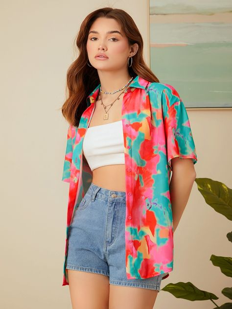 SHEIN Drop Shoulder Tie Dye Blouse Tie And Dye Shirts For Women's, Hawian Shirt Outfits Women, Tie Dye Button Down Shirt, Colourful Shirt Outfit, Half Shirt Outfits Women, Hawaiian Outfit Women Casual, Tie Dye Shirts Outfit, Hawaii Shirt Style Women, Hawaiian Fits