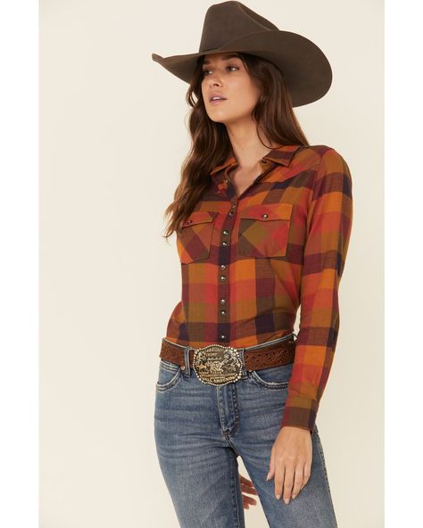 Shyanne Life Women's Cognac Pecan Plaid Long Sleeve Western Flannel Shirt , Pecan Cowboy Casual Attire Women, Cowboy Fashion Womens, Farmer Character, Cowboy Outfits For Women, Country Fall Outfits, Cowgirl Photography, Western Flannel, Cowboy Carter, Cowgirl Style Outfits