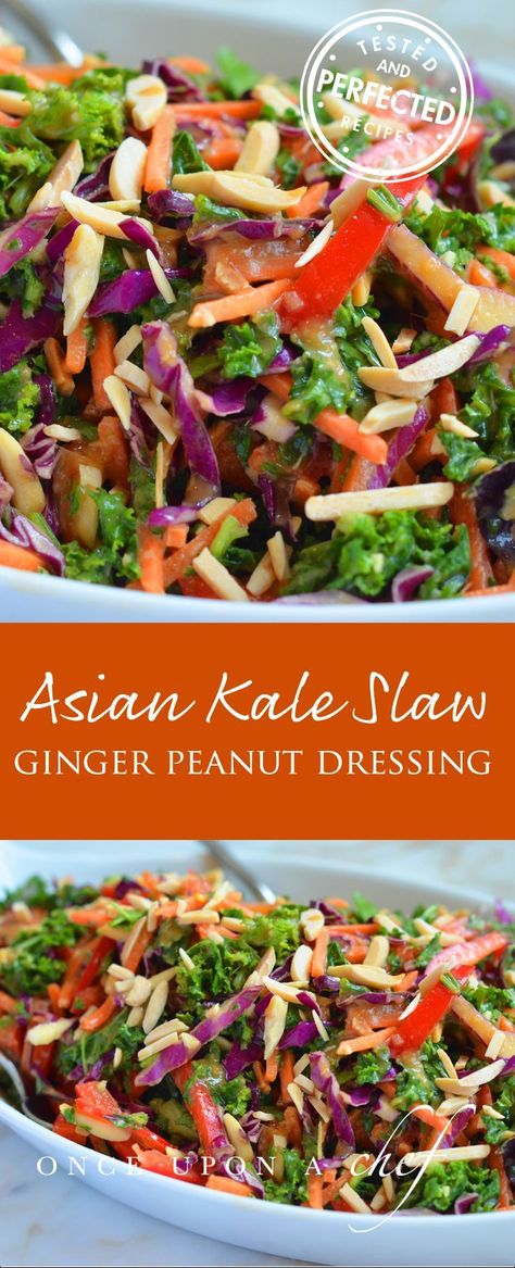 Asian Kale Salad with Ginger Peanut Dressing Asian Kale Salad, Ginger Peanut Dressing, Asian Kale, Kale Slaw, Once Upon A Chef, Peanut Dressing, Asian Salad, Kale Recipes, Kale Salad