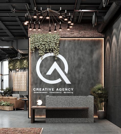 Commercial Office Reception Area, Moody Office Inspiration Modern, Cool Office Reception Area, Office Reception Area Design Modern, Medical Office Waiting Room Ideas, Modern Office Reception Design Interiors, Commercial Reception Area, Office Design Ideas Business Corporate, Industrial Restroom Design