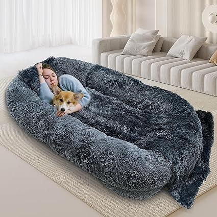 Amazon.com : Brubro Large Human Dog Bed for Adult,74.8"x47.3"x13.8" Human Sized Dog Bed for People and Pets,Removable and Washable Faux Fur Giant Dog Bed for Humans with Blanket & Pillow,Khaki : Pet Supplies Giant Dog Bed For Humans, Dog Bed For People, Giant Dog Bed, Dog Bed For Humans, Dog Bean Bag, Giant Dog Beds, Human Dog Bed, Extra Large Dog Bed, Human Dog