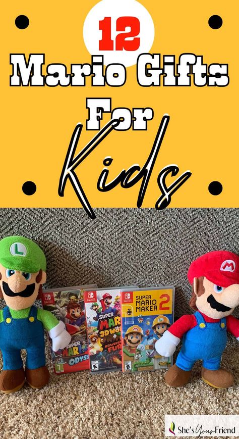 a mario plush a luigi plush and three super mario games with text overlay that reads twelve mario gifts for kids Super Mario Gift Ideas, Super Mario Bros Gifts, Toy Ideas For Kids, Super Mario Gifts, Movie Basket Gift, Toddler Stocking Stuffers, Mario Toys, Stocking Stuffers For Kids, Toy Ideas