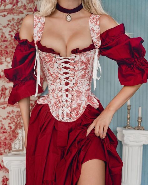 ENJOUÉ ™ (@enjouecollectif) • Instagram photos and videos Rococo Stays, Warrior Outfits, Stays Corset, Opera Performance, Ren Faire Outfits, Rococo Dress, Peasant Style Dress, Red Toile, Toile Print