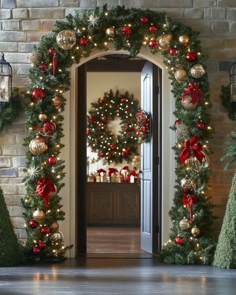 Diy Christmas Garland With Pool Noodles, Pool Noodle Front Door Garland, Wreaths For Windows Outside Christmas, Pool Noodle Christmas Garland Diy Ideas, Christmas Decorations Using Pool Noodles, Holiday Archway Decor Outdoor, Pool Noodle Christmas Door Garland, Pool Noodle Mantle Decor, Pool Noodle Door Garland