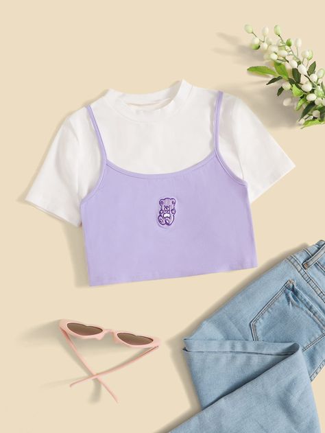 Crop Tops For Kids, Shein Kids, Belly Shirts, Spring Trends Outfits, Bear Embroidery, Crop Cami Top, Girls Crop Tops, Shein Outfits, Trendy Outfits For Teens