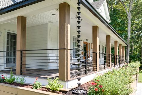 Porch Post Corbels, Modernize Front Porch, Renovated Front Porch, Porch Architecture Design, Gated Front Porch Ideas, 2 Story Front Porch Ideas, Modern Farmers Porch, Wood Pillars Front Porch Modern, Farmhouse Cable Railing Porch