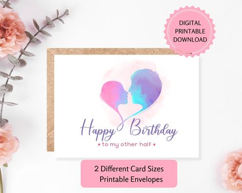 Boyfriend Birthday Printable Card | DIGITAL DOWNLOAD | Watercolor Art, Happy Birthday To My Other Half Greeting Card With Printable Envelope Printable Envelope, Happy Birthday To My, My Other Half, Printable Greeting Cards, Art Happy, Birthday Printables, Boyfriend Birthday, Other Half, Printable Cards