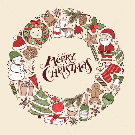 Christmas Greeting Card by ollymolly | GraphicRiver Circle Composition, Xmas Stickers, New Year Symbols, Happy Christmas Card, Christmas Doodle, Xmas Sticker, 달력 디자인, Christmas Topper, Christmas Vector