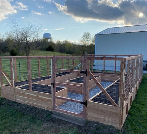 Fenced In Raised Garden Beds Layout, Walk In Raised Garden Beds Diy, Greenhouse With Garden Outside, Fenced Garden Layout, Raised Rock Garden Beds, Walk In Garden Ideas, Raised Garden Beds Fenced In, Walk In Garden Box Raised Beds, Enclosed Raised Garden Beds Diy