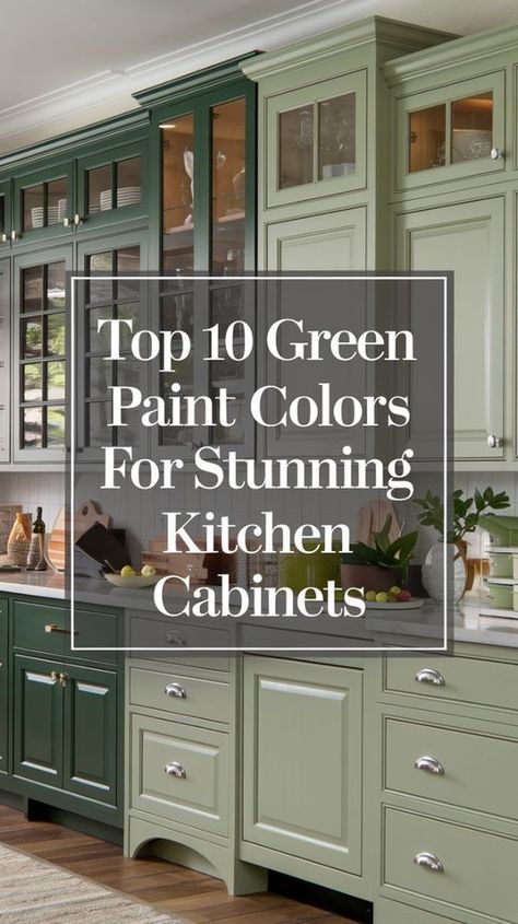 Discover the perfect shade for your kitchen makeover! From Benjamin Moore's lush greens to farmhouse-inspired olive tones, we've curated the top 10 green cabinet colors. Explore jade, sage, and Peale Green to create your dream green home paint color scheme. #GreenCabinetColors #KitchenDesign Green Kitchen Cabinets With Different Color Island, Green Color Scheme Kitchen, Kitchen Cabinet Green Paint Colors, Painting Kitchen Cabinets Green, Historical Green Paint Colors, Celery Green Kitchen Cabinets, Best Greens For Kitchen Cabinets, Benjamin Moore Paint Colors Kitchen Cabinets, Paint Colors For Pantry