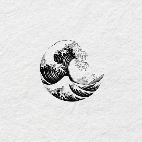 The Great Wave Tattoo Japanese Art, Japanese Wave Art Tattoo, Japanese Great Wave Tattoo, Tattoo Ideas For Men Ocean, Circular Wave Tattoo, Japanese Tattoo Art Shoulder, Men Wave Tattoo, Round Wave Tattoo, Japanese Tattoo Waves Design