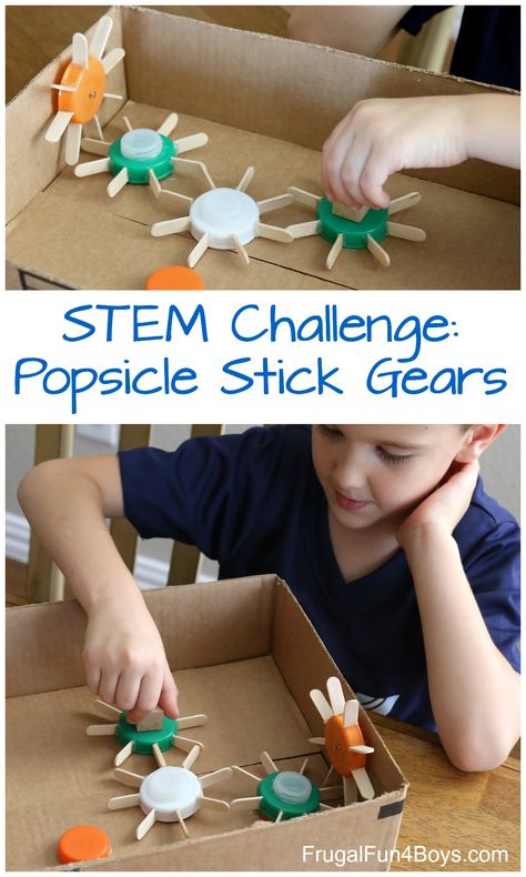 STEM Challenge: Build Working Gears out of Popsicle Sticks Sport Stem Activities, Mechanical Energy Activities For Kids, Elementary Engineering Projects, Invention Ideas For School Projects, Kids Building Projects, Vetenskapliga Experiment, Recyclable Items, Engineering Challenges, Makerspace Projects