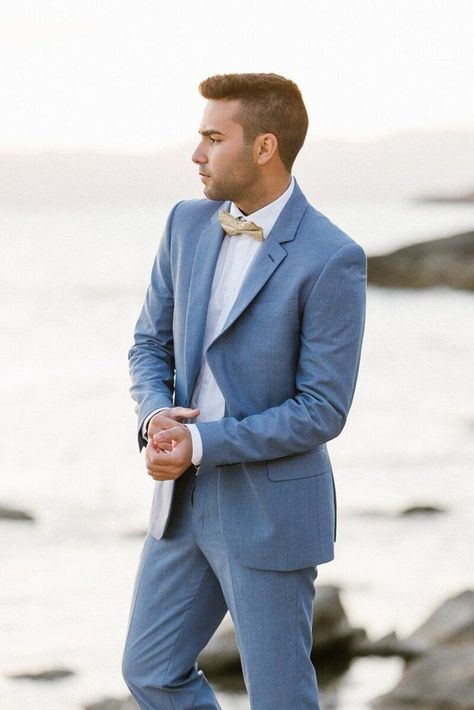 24 Men's Wedding Attire For Beach Celebration ❤ mens wedding attire blue jacket with bow tie chris photography #weddingforward #wedding #bride Beach Wedding Blue Suit, Light Blue Suit Wedding, Light Blue Tux, Blue Wedding Suit Groom, Blue Suit Outfit, Mens Beach Wedding Attire, Okanagan Wedding, Blue Linen Suit, Beach Wedding Suits