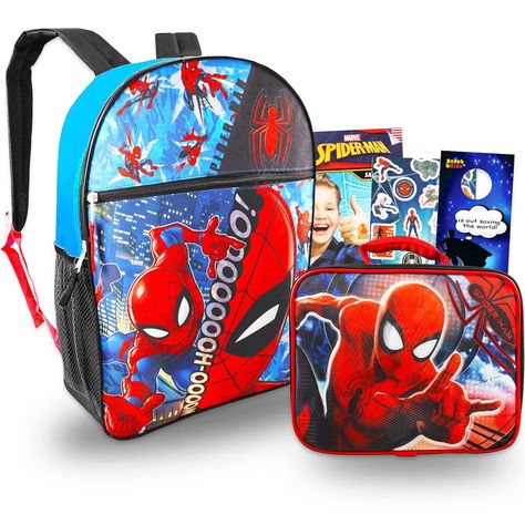 PRICES MAY VARY. Spiderman School Supplies Set for Kids - Bundle with Spiderman 16 Inch Backpack and Lunch Bag Plus Stickers, Temporary Tattoos, and More (Boys School Set). This Spiderman school supplies set includes one 16 inch backpack with adjustable shoulder straps and top loop for hanging featuring the Amazing Spiderman himself and one round lunch bag displaying the Spiderman logo. This insulated lunch box is sure to keep your food at the perfect temperature for hours and is great to take w Backpack Spiderman, Superhero Door, Spiderman Backpack, Spiderman Stickers, Spiderman Logo, Lunch Box Set, School Sets, Bag Display, Insulated Lunch Box