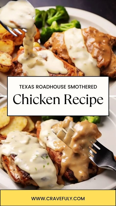 Texas Roadhouse Smothered Chicken Recipe Texas Road House Smothered Chicken, Texas Roadhouse Mushrooms Recipe, Texas Roadhouse Smothered Chicken, Smothered Chicken Recipe, Smothered Chicken Recipes, Chicken Smothered, Cream Sauce For Chicken, Seared Chicken Breast, Smothered Chicken