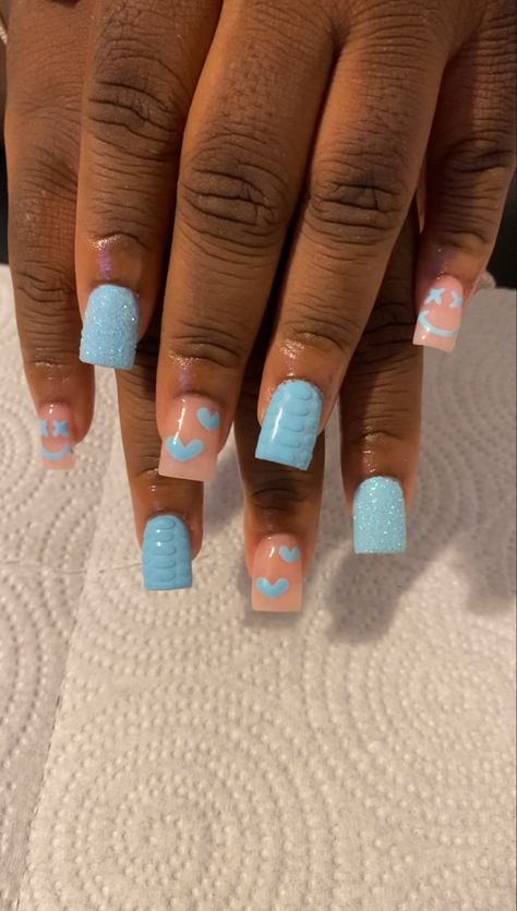 Cute Short Acrylic Nails Light Blue, Nails Ideas For Back To School, Nail Ideas For Ten Year Olds, Blue Nails For School, Nail Ideas For 10 Yr, Cute Nails For Back To School Short, Cute Short Acrylic Nails For School Kids, Nails For 4th Graders, Baby Blue Short Acrylic Nails