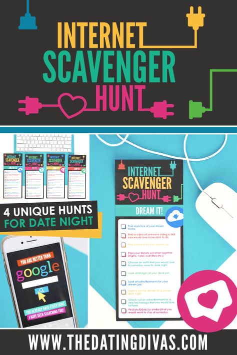 The game includes four different printable task cards for a fun internet scavenger geared at getting to know your spouse better! #datingdivas #internetscavengerhunt #datenightathome Newlywed Life, Internet Scavenger Hunt, Konoha Naruto, Couples Games, Date Night Ideas For Married Couples, Treasure Hunt Clues, Creative Dates, The Dating Divas, Dating Divas