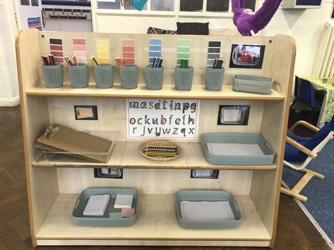 Eyfs self resource writing station Turn Taking Activities Eyfs, Montessori Writing Center, Writing Station Eyfs, Eyfs Mark Making Area, Writing Station Preschool, Message Centre Eyfs, Writing Area Eyfs, Classroom Writing Area, Nursery Room Ideas Childcare