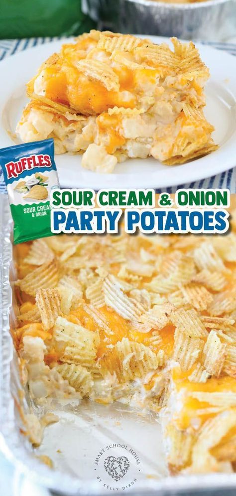 Sour Cream and Onion Party Potatoes will be the biggest side dish hit at the table! Everyone’s favorite Ruffles Sour Cream and Onion chips combined with diced hash browns in a cheesy French onion cream sauce. As a side dish, this tastes great with ribs and burgers at a BBQ or potluck. Party Potatoes are also wonderful alongside baked chicken and veggies! Baked in just one dish with minimal cleanup, this is a great recipe for kids to help with. Save this now! Side Dish For Camping, Food Truck Side Dishes, Sides Dishes With Ribs, Gameday Side Dishes, Birthday Party Sides Dishes, Sour Cream And Onion Potatoes, Side Dishes For Supper, Easy Side Dishes For Family Reunion, Birthday Side Dishes