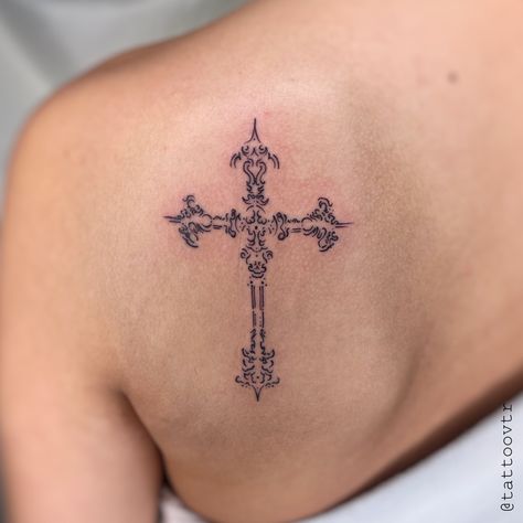 Cross On The Back Of Neck Tattoo, Celtic Angel Tattoo, Cross Back Tattoos For Women, Beautiful Cross Tattoos, Cross Cybersigilism Tattoo, Greek Christian Tattoos, Elegant Cross Tattoo, Celtic Cross Tattoos For Women, Cross Tattoos For Women On Back