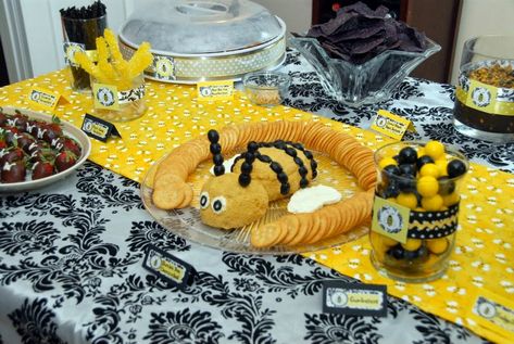 Manic Mama Miles: Party Cheeseball Bee Shaped Cheese Ball, Bee Themed Fruit Tray, Bee Shower Food, Bee Party Food Ideas Savory, Bee Themed Food Snacks, Bumble Bee Cheese Ball, Bee Themed Snacks Parties Food, Bee Fruit Platter, Bee Cheeseball