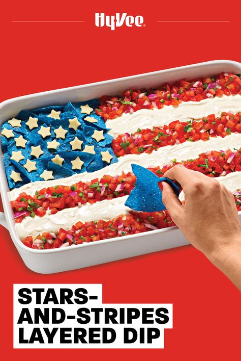 Looking for a festive recipe to bring to your Fourth of July party? This sharable layered dip is perfect for any patriotic occasion. Fourth Of July Chips And Dip, Fourth Of July Lunch Ideas, July 4th Food Side Dishes, July Fourth Food, 4th Of July Snacks Parties Food, Fourth Of July Dip, Fourth Of July Food Appetizers, 4th Of July Dishes, Patriotic Dip