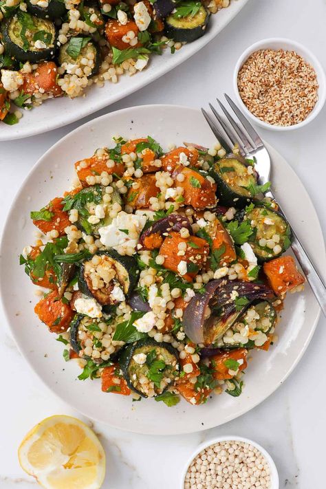 Pumpkin Couscous Salad, Zucchini Couscous, Pumpkin And Feta Salad, Pearl Couscous Salad, Roast Pumpkin Salad, Pumpkin Zucchini, Couscous Salad Recipes, Halloumi Salad, Pearl Couscous