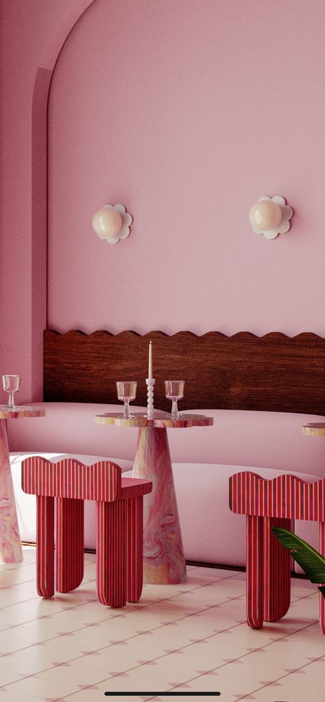 Art Deco Playroom, Pink Shop Aesthetic, Funky Restaurant Interior, Pink Home Bar, Scalloped Wainscoting, Sweet Corner Ideas, Corner Wall Design, Pink Hotel Room, Soft Blue Kitchen