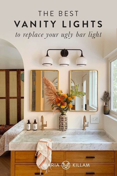 Double Vanity One Light Fixture, Ceiling Mount Vanity Lights, Bathroom One Light Two Mirrors, 2 Mirrors 1 Light Bathroom, Lights For Small Bathroom, Double Vanity Lighting Ideas One Mirror, Double Vanity With Pendant Lights, Double Vanity Two Mirrors One Light, Double Vanity With One Light