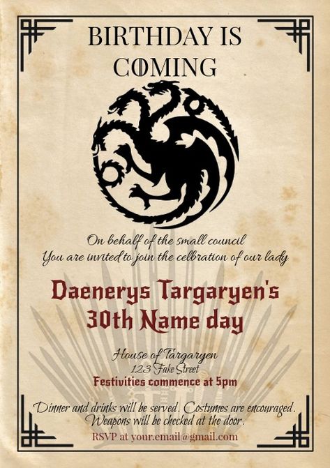 House Of The Dragon Party Ideas, Game Of Thrones Birthday Party Ideas, House Of The Dragon Party, Game Of Thrones Invitation, Got Birthday, Dragon Birthday Party Invitations, Game Of Thrones Birthday, Template Game, Happy Birthday Poster