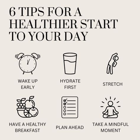 Happy Monday! 🌟 Kickstart your week with a morning routine that sets you up for success. Here are 6 tips to make your mornings healthier and more productive: 𝐖𝐚𝐤𝐞 𝐔𝐩 𝐄𝐚𝐫𝐥𝐲 - Give yourself extra time in the morning to ease into the day. Waking up early helps you avoid rushing and starts your day on a calm note. 𝐇𝐲𝐝𝐫𝐚𝐭𝐞 𝐅𝐢𝐫𝐬𝐭 - Start your day with a glass of water. It rehydrates your body after a night’s sleep and gets your metabolism moving. 𝐒𝐭𝐫𝐞𝐭𝐜𝐡 𝐈𝐭 𝐎𝐮𝐭 - A few minutes of stretching can... Goals For The Day, Wake Up Happy, Morning Hacks, Day Planning, Morning Routine Productive, Practicing Gratitude, Mental Health Recovery, Balanced Breakfast, A Morning Routine