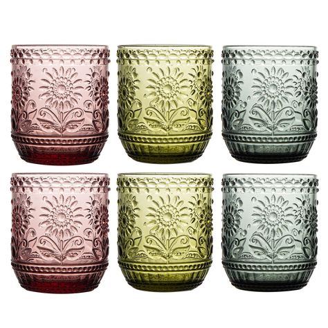 PRICES MAY VARY. Set of 6 drinking glasses (Mixed Color 2 green & 2 purple & 2 gray), measures12 oz capacity; The elegant vintage design and beautiful colors make these glasses unique for any event any occasions. Made of high quality, durable, thick glass — Dishwasher Safe — Microwave Safe — Capacity of 12 fl oz (fluid ounces) - 350mL (milliliters) — Each glass measures approximately 3" in diameter with 4.25" height Ideal for everyday use with hot or cold beverages, just pour in your favorite co Cute Glassware, Color Glassware, Cute Glass Cups, Aesthetic Cups, Cups And Glasses, Purple Gifts, Juice Glass Set, Fantasy Aesthetics, Glasses Unique