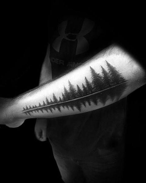 Tattoos For Outer Forearm, Boundary Waters Tattoo, Tree Line Tattoo Forearm, Simple Nature Tattoos Men, Water Reflection Tattoo, Treeline Tattoo, Outdoor Tattoos For Men, Forarm Tattoos Mens, Tree Line Tattoo