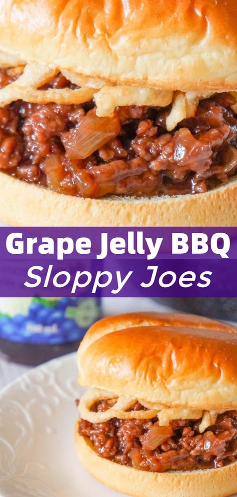 Grape Jelly BBQ Sloppy Joes are a fun twist on the classic sandwich. These tasty sloppy joes are made with ground beef tossed in a mixture of grape jelly and BBQ sauce and topped with French's crispy fried onions. Sloppy Joe Recipe With Grape Jelly, Bbq Ground Beef Sandwiches, What To Make With Grape Jelly, Recipes That Use Grape Jelly, Recipes Using Grape Jelly, Uses For Grape Jelly, Sloppy Joe Ideas Twists, Hamburger Bbq Recipe, Sloop Joes