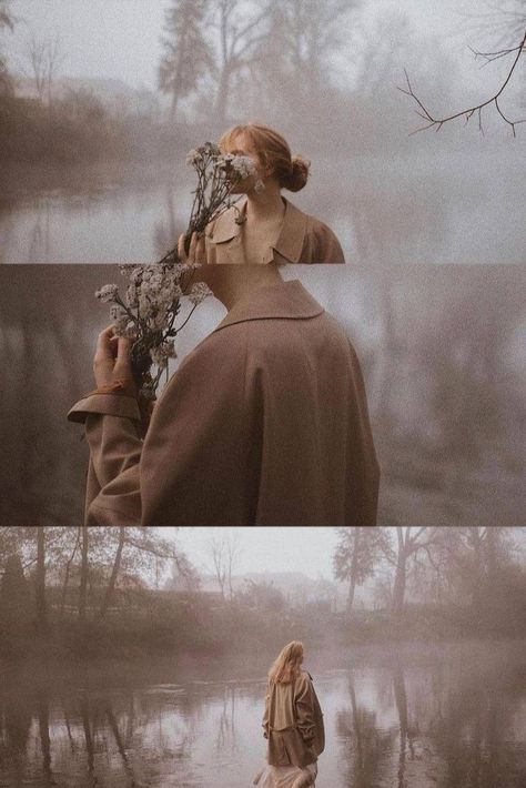 Cold Day Photoshoot, Fog Photoshoot Ideas, Rainy Forest Photoshoot, Cloudy Photoshoot Photo Ideas, Rainy Portrait Photography, Autumn Photography Aesthetic, Fog Photography Portrait, Winter Field Photoshoot, Foggy Portraits