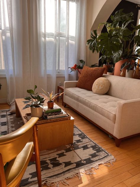 Describe your home’s style in 5 words or less: Warm, sunny, plant-filled loft Eclectic Studio Apartment, Studio Apartment Makeover, Cozy Loft Apartment, Studio Apartment Living, Eclectic Gallery Wall, Apartment Makeover, Brick Loft, Tiny Apartments, Small Studio Apartments