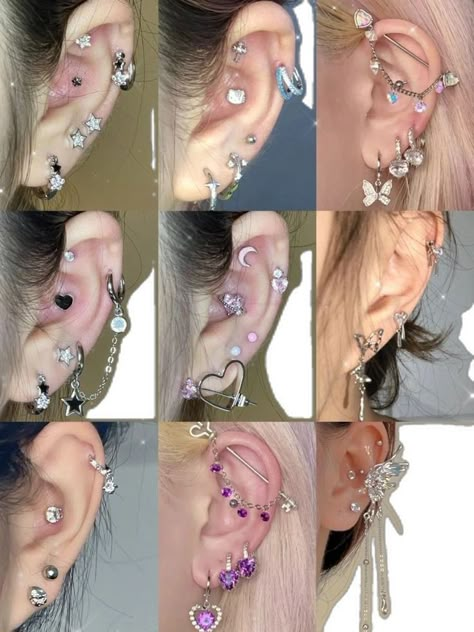 Idea For Ear Piercing, Piercing Inspo Both Ears, Piercings And Tattoos Women, Douyin Ear Piercing, Kawaii Ear Piercings, Ear Piercings Asian, Ear Piercing Ideas Grunge, Different Piercings Ear, Christina Piercing Location