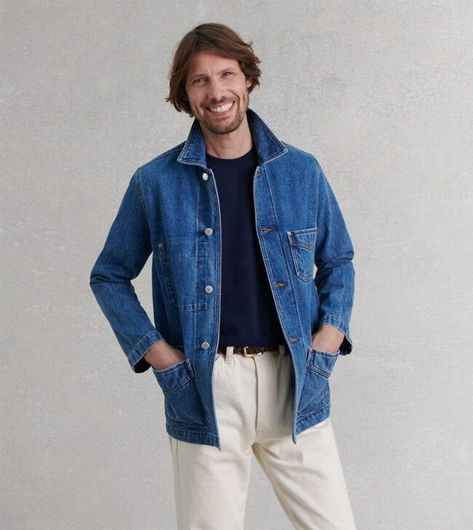 Chore Jacket Outfit, Alan Matthews, Blue Chore Jacket, Denim Chore Jacket, Silky Shirt, Todd Snyder, Chore Coat, Chore Jacket, Cotton Suits