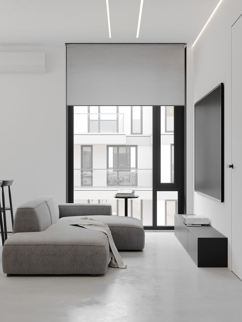 Modern Small Apartment Design, Monochrome Apartment, Modern Minimal Interior, Black Interior Design, Monochrome Interior, Interior Design Presentation, Roller Blind, Minimalism Interior, Architecture Interior Design