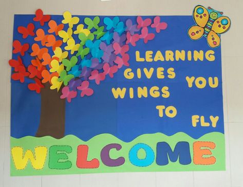 Butterflies Bulletin Board Ideas, Butterfly Board Ideas, Butterfly Classroom Theme Bulletin Boards, Welcome Board Decoration Ideas School Preschool, Welcome Craft For Kindergarten, Welcome Board For Preschool, Welcome Chart For Kindergarten, Welcome Board For Kindergarten, Notice Board Decoration Ideas For School