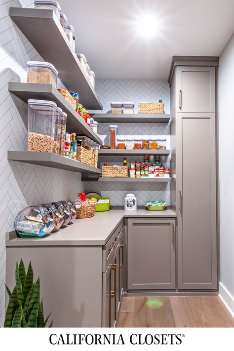 Pantry With A Countertop, Pantry Shelving Ideas With Cabinets, Kitchen Walking Pantry, Pantry With Chest Freezer Inside, Pantry With Fridge Inside, Wide Pantry Ideas, L Shape Pantry Ideas, Pantry With Cabinets And Counter, Cabinets In Pantry