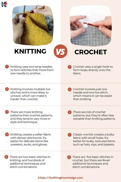 Difference Between Crochet And Knitting, Crochet Vs Knitting Difference, Knitting Vs Crochet, Knitting Vs Crocheting, Crochet Vs Knitting, Knitting Knowledge, Crochet Vs Knit, Knitting Terms, Diy Wool