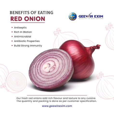 Fact: One cup of chopped red onions provides at least 13% Vitamin C for an adult. Add this incredible vegetable that has numerous health benefits to your daily diet. We export high-quality organic red onions that will be a delicious addition to your meals! To place your order or to get a quote, visit - https://www.geewinexim.com/onion.php #geewin #foodproducts #redonions #onions #redonionexport #redonionexporters #freshonions #freshredonions #internationalexprters #organiccertification Red Onion Health Benefits, Benefits Of Red Onion, Red Onion Benefits, Natural Protein Shakes, Onion Benefits, Onion Benefits Health, Healthy Eating Quotes, Health Secrets, Sick Remedies