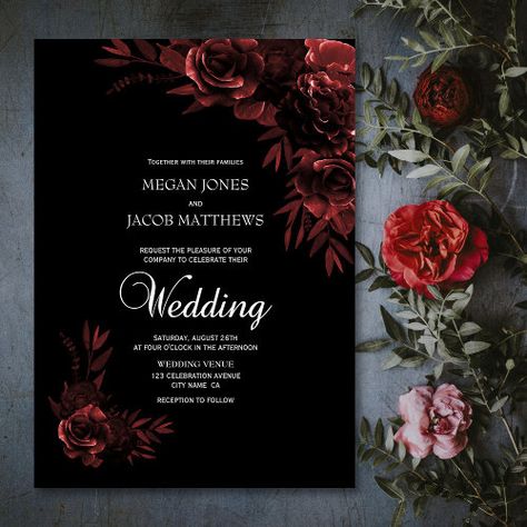 $2.85 | Elegant Black and Copper Floral Wedding | Wedding Invitations | wedding, black, copper, monochrome, floral, flowers, elegant, roses, rustic, moody Red Black Wedding Invitations, Black And Red Wedding Invites, Black And Maroon Wedding Invitations, Black And Burgundy Wedding Invitations, Crimson And Black Wedding, Black And Burgundy Wedding Theme, Maroon Black Wedding, Black Maroon Wedding, Maroon And Black Wedding Theme