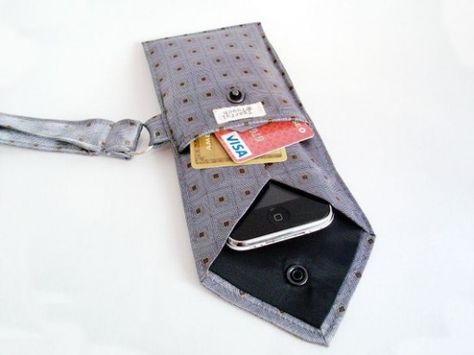 Brilliant!  Could also be an glasses case. Great way to use Dad's old ties. Old Ties, Crochet Phone Cases, Diy Clutch, Tie Crafts, Smartphone Case, Glasses Case, Phone Holder, Cell Phone Cases, Diy Sewing