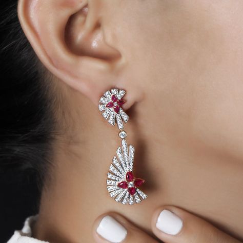 Ruby Diamond Earrings, Diamond Earrings Design, Jeweled Earrings, Earrings Design, Diamond Jewelry Designs, Big Earrings, Ruby Diamond, Bracelet Collection, Jewellery Designs