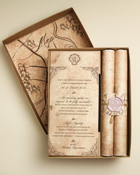 This vintage box invitation will take you do a whole new world. It was such a pleasure to take on this unique project. Wrote about this project in the website. Link in bio :) #weddingph #invitationsph #weddinginvitation #invitationsuite #boxinvitation #bespokeinvitation #calligraphyph Scroll Wedding Invitations Vintage, Old Wedding Invitations, Wedding Invitation Vintage, Unique Wedding Invitations Elegant, Creative Invitation Design, Vintage Invitation Card, Victorian Wedding Invitations, Royal Invitation, Fairytale Wedding Invitations